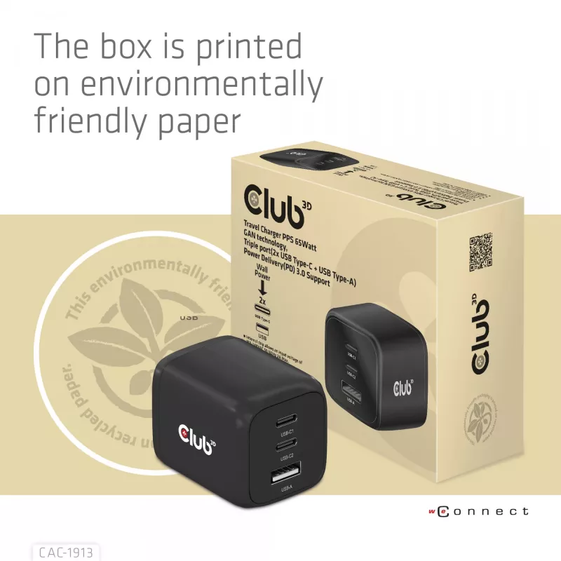 Ładowarka podróżna CLUB3D PPS 65W z technologią GAN, potrójny port (2x USB Type-C + USB Type-A), obsługa Power Delivery (PD) 3.0