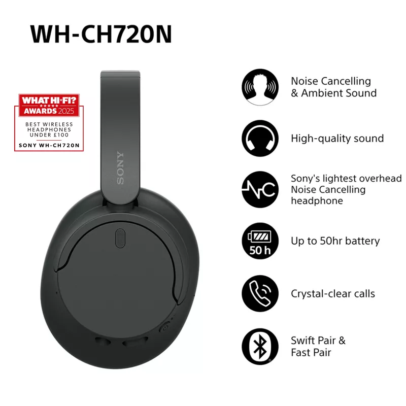 Słuchawki Sony WH-CH720 przewodowe i bezprzewodowe, nauszne, rozmowy/muzyka, USB Type-C, Bluetooth, czarne
