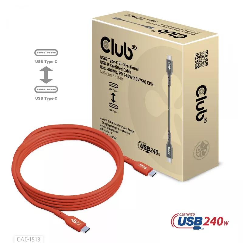 CLUB3D USB2 Type-C dwukierunkowy kabel danych z certyfikatem USB-IF 480Mb, PD 240W(48V/5A) EPR M/M 3m / 9.84 ft