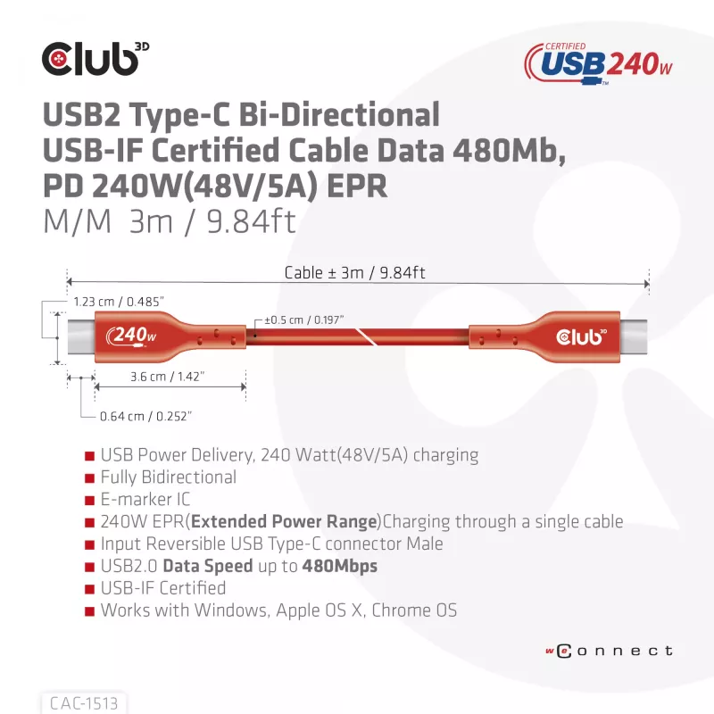 CLUB3D USB2 Type-C dwukierunkowy kabel danych z certyfikatem USB-IF 480Mb, PD 240W(48V/5A) EPR M/M 3m / 9.84 ft