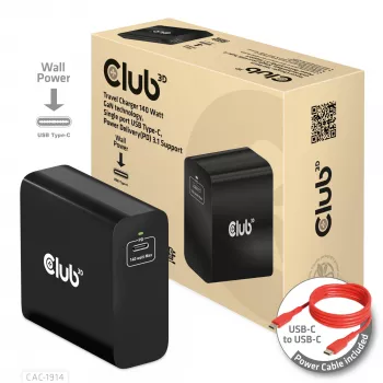 CLUB3D Ładowarka podróżna 140 W z technologią GaN, pojedynczy port USB Type-C, obsługa Power Delivery (PD) 3.1