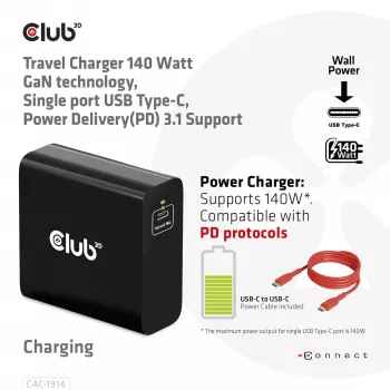 CLUB3D Ładowarka podróżna 140 W z technologią GaN, pojedynczy port USB Type-C, obsługa Power Delivery (PD) 3.1