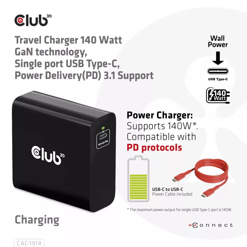 CLUB3D Ładowarka podróżna 140 W z technologią GaN, pojedynczy port USB Type-C, obsługa Power Delivery (PD) 3.1