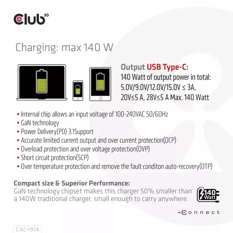 CLUB3D Ładowarka podróżna 140 W z technologią GaN, pojedynczy port USB Type-C, obsługa Power Delivery (PD) 3.1
