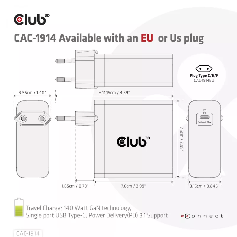 CLUB3D Ładowarka podróżna 140 W z technologią GaN, pojedynczy port USB Type-C, obsługa Power Delivery (PD) 3.1