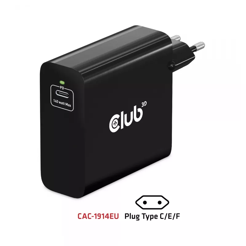 CLUB3D Ładowarka podróżna 140 W z technologią GaN, pojedynczy port USB Type-C, obsługa Power Delivery (PD) 3.1