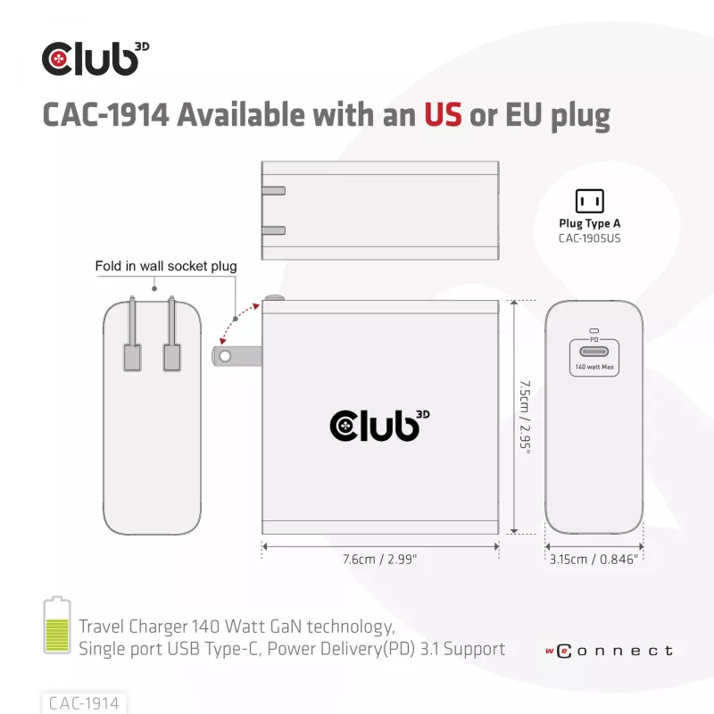 CLUB3D Ładowarka podróżna 140 W z technologią GaN, pojedynczy port USB Type-C, obsługa Power Delivery (PD) 3.1