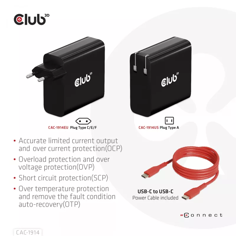 CLUB3D Ładowarka podróżna 140 W z technologią GaN, pojedynczy port USB Type-C, obsługa Power Delivery (PD) 3.1