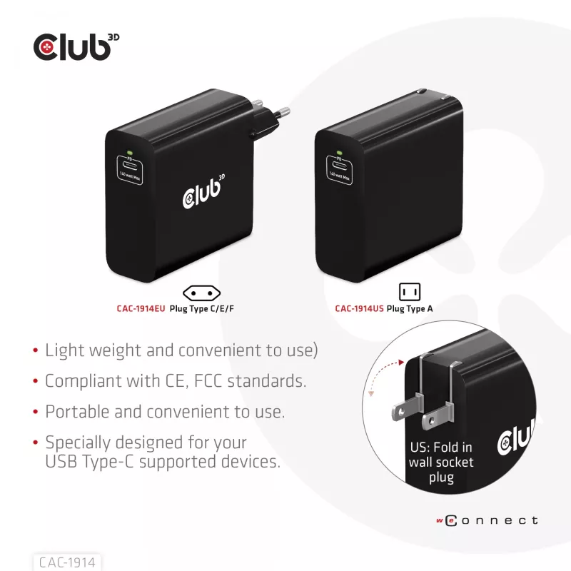 CLUB3D Ładowarka podróżna 140 W z technologią GaN, pojedynczy port USB Type-C, obsługa Power Delivery (PD) 3.1