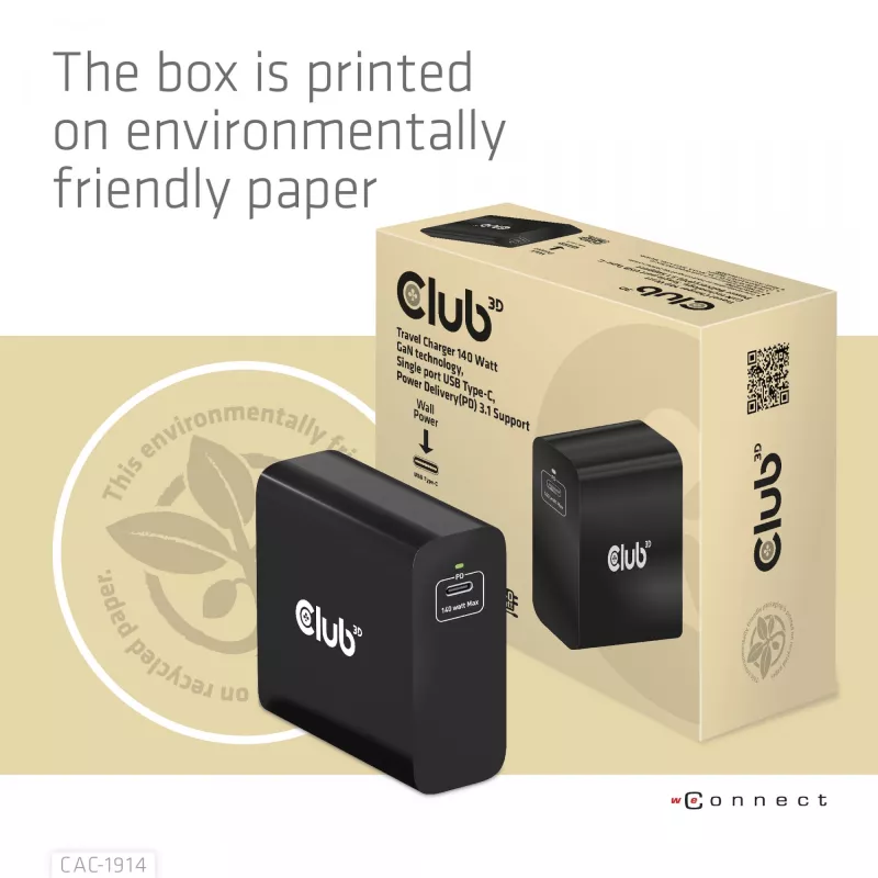 CLUB3D Ładowarka podróżna 140 W z technologią GaN, pojedynczy port USB Type-C, obsługa Power Delivery (PD) 3.1