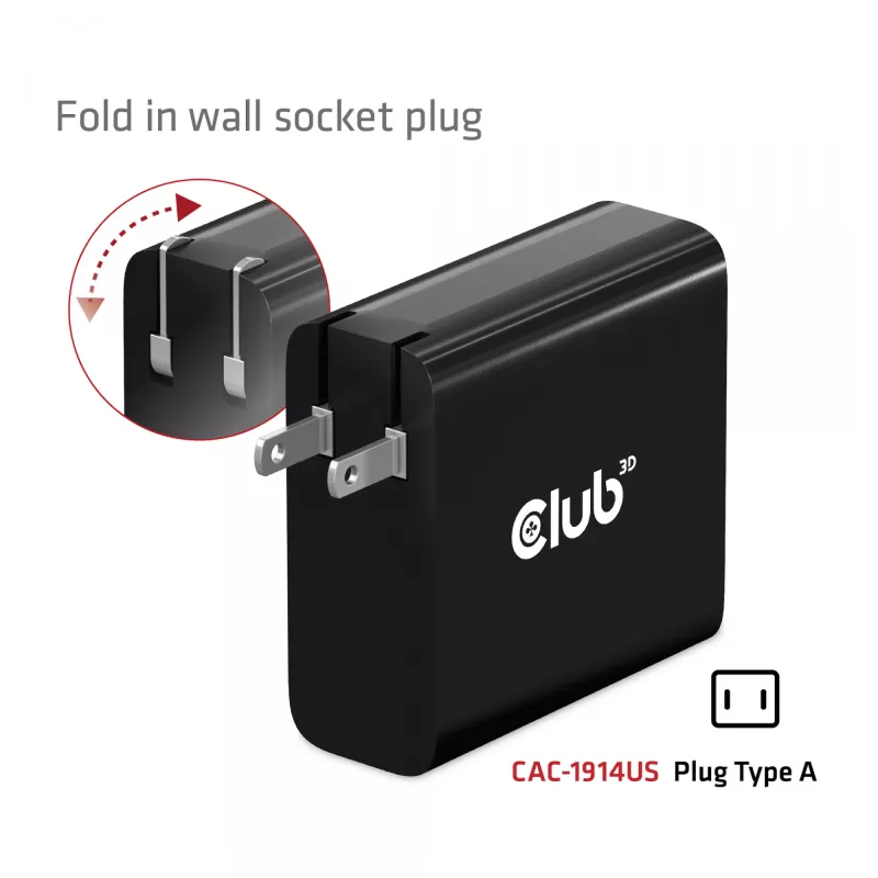 CLUB3D Ładowarka podróżna 140 W z technologią GaN, pojedynczy port USB Type-C, obsługa Power Delivery (PD) 3.1