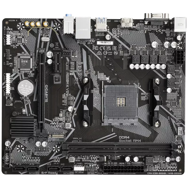 Płyta główna GIGABYTE A520M K V2 - Obsługuje procesory AMD Ryzen 5000 Series AM4, pamięć DDR4 do 5100 MHz (OC), PCIe Gen3 x4 M.2, GbE LAN, USB 3.2 Gen 1