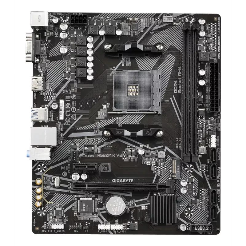 Płyta główna GIGABYTE A520M K V2 - Obsługuje procesory AMD Ryzen 5000 Series AM4, pamięć DDR4 do 5100 MHz (OC), PCIe Gen3 x4 M.2, GbE LAN, USB 3.2 Gen 1
