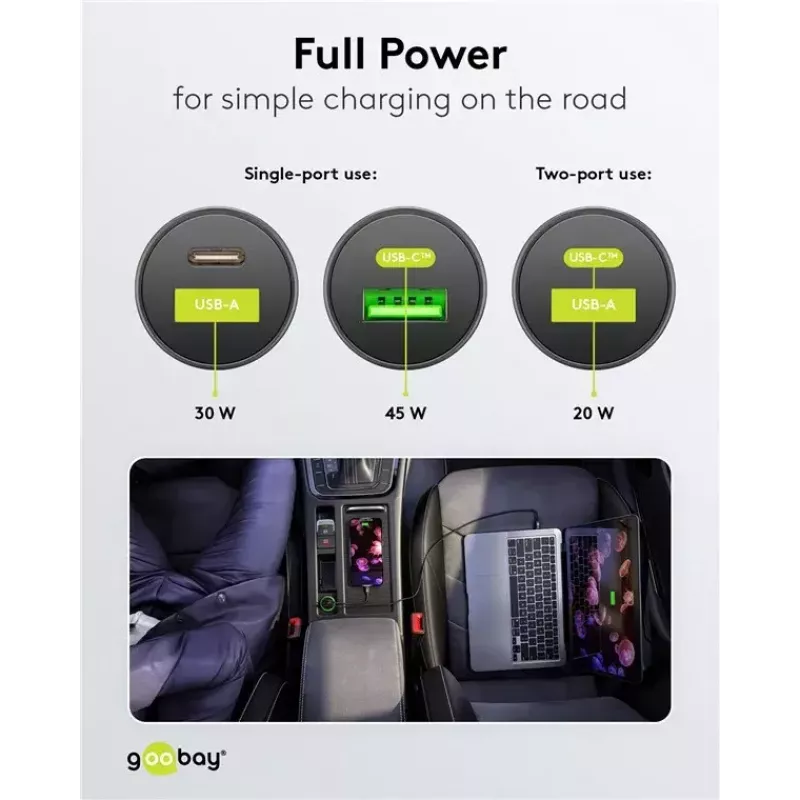Goobay Dual-USB Car Fast Charger USB-C PD 45W Czarny
