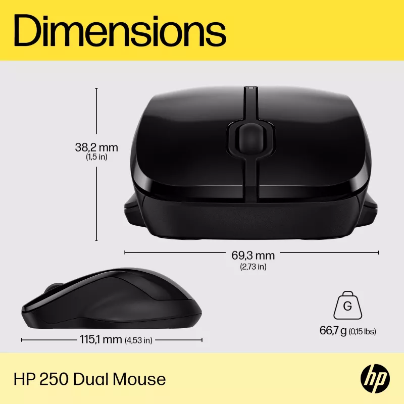 Mysz HP 250 Dual, oburęczna, Bluetooth + USB Type-A, 1600 DPI, czarna