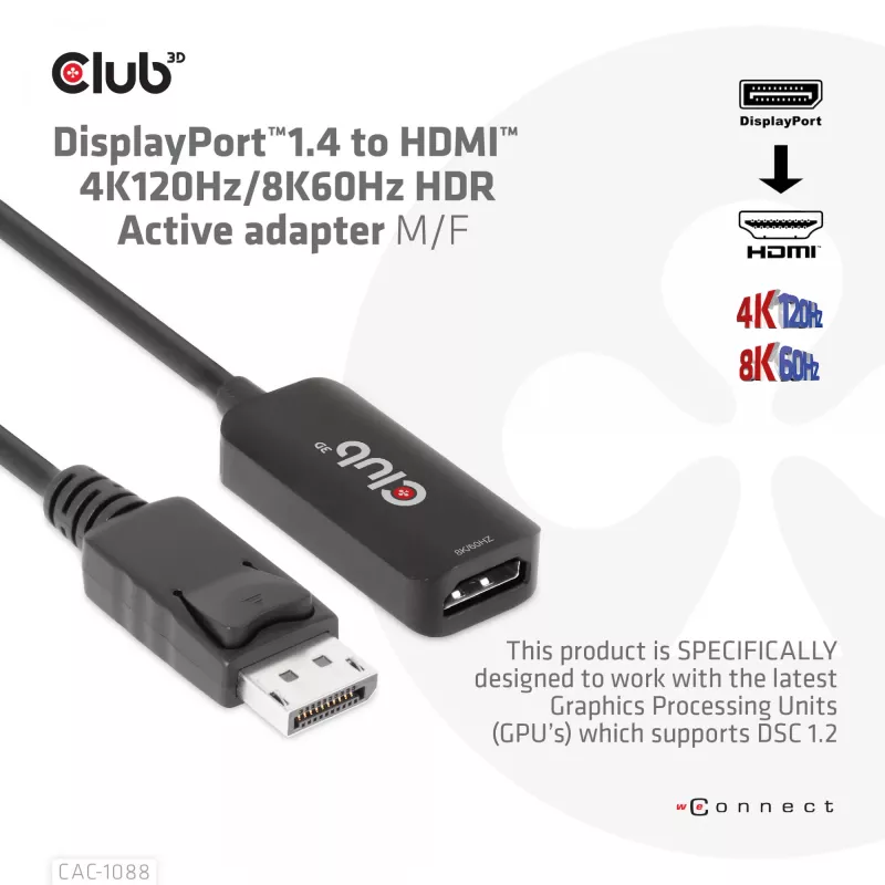 CLUB3D DisplayPort1.4 na HDMI 4K120Hz/8K60Hz HDR aktywny adapter M/F