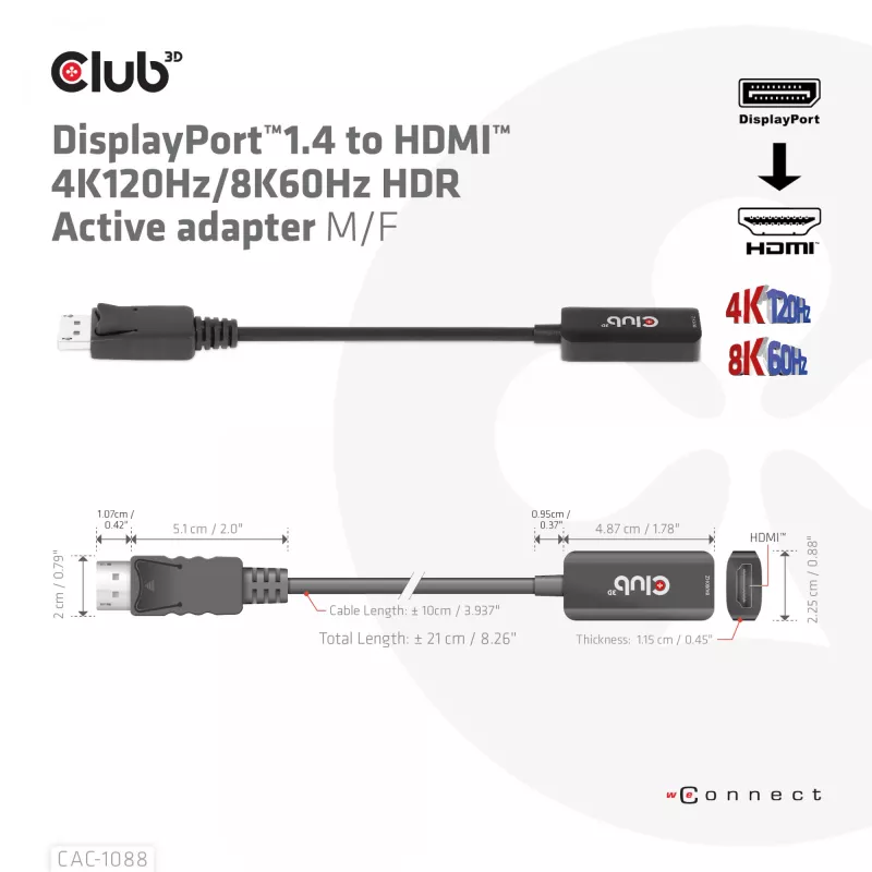 CLUB3D DisplayPort1.4 na HDMI 4K120Hz/8K60Hz HDR aktywny adapter M/F