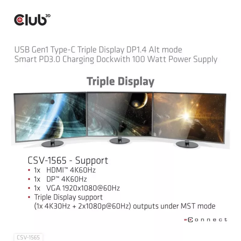 CLUB3D USB Gen1 Type-C Triple Display DP1.4 Alt mode Smart PD3.0 Stacja ładująca z zasilaczem 100 W