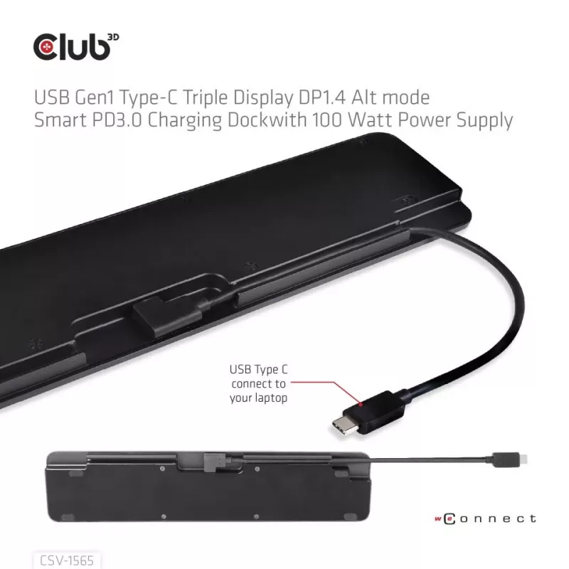 CLUB3D USB Gen1 Type-C Triple Display DP1.4 Alt mode Smart PD3.0 Stacja ładująca z zasilaczem 100 W