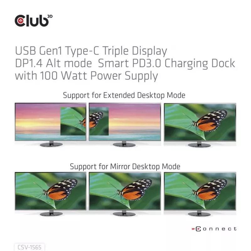 CLUB3D USB Gen1 Type-C Triple Display DP1.4 Alt mode Smart PD3.0 Stacja ładująca z zasilaczem 100 W