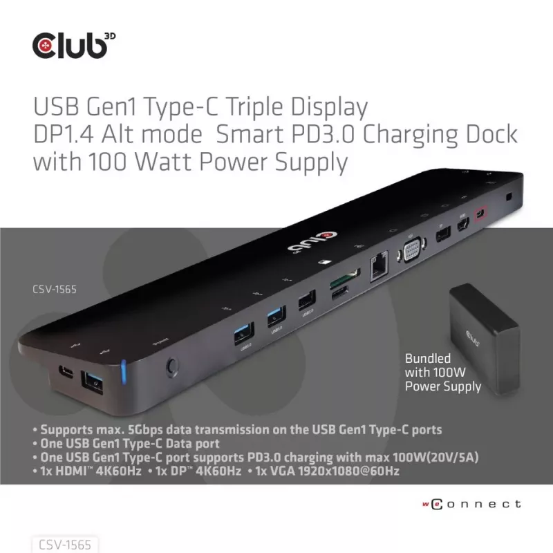 CLUB3D USB Gen1 Type-C Triple Display DP1.4 Alt mode Smart PD3.0 Stacja ładująca z zasilaczem 100 W