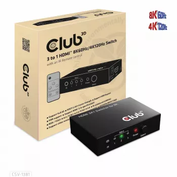 Przełącznik HDMI™ 3 do 1 8K60 Hz/4K120 Hz Club3D, 7680 x 4320 pikseli, 8K Ultra HD, czarny