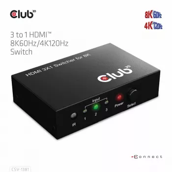 Przełącznik HDMI™ 3 do 1 8K60 Hz/4K120 Hz Club3D, 7680 x 4320 pikseli, 8K Ultra HD, czarny