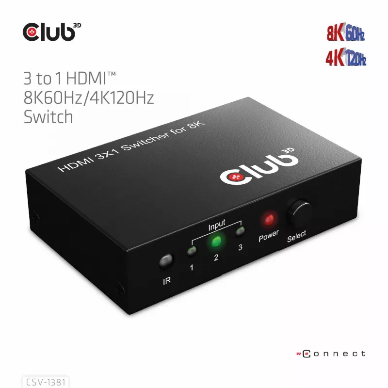 Przełącznik HDMI™ 3 do 1 8K60 Hz/4K120 Hz Club3D, 7680 x 4320 pikseli, 8K Ultra HD, czarny
