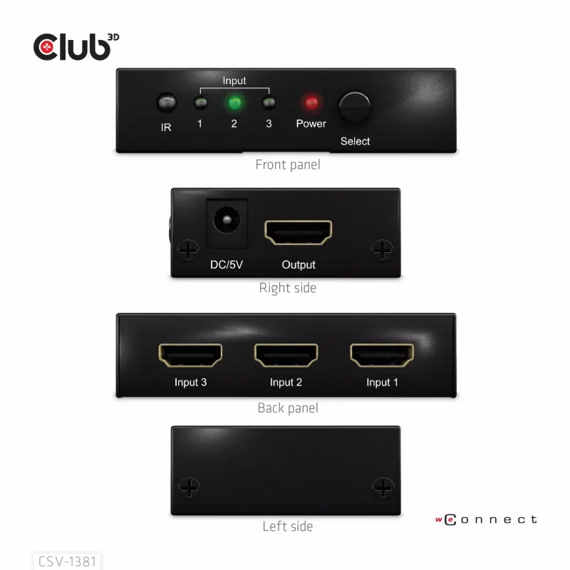 Przełącznik HDMI™ 3 do 1 8K60 Hz/4K120 Hz Club3D, 7680 x 4320 pikseli, 8K Ultra HD, czarny