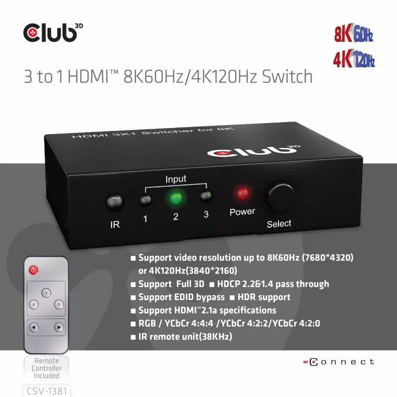 Przełącznik HDMI™ 3 do 1 8K60 Hz/4K120 Hz Club3D, 7680 x 4320 pikseli, 8K Ultra HD, czarny
