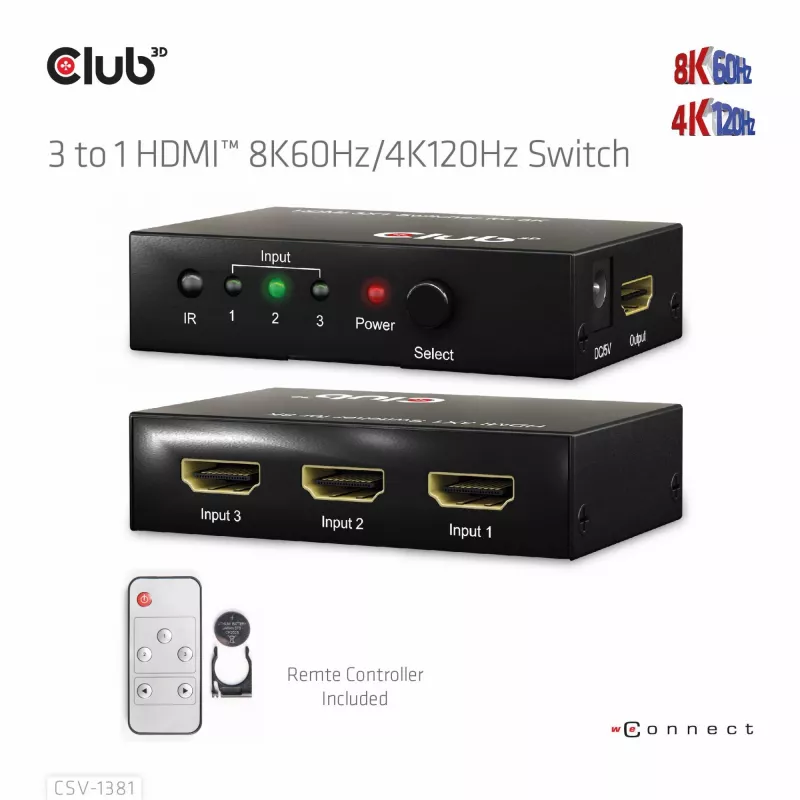 Przełącznik HDMI™ 3 do 1 8K60 Hz/4K120 Hz Club3D, 7680 x 4320 pikseli, 8K Ultra HD, czarny