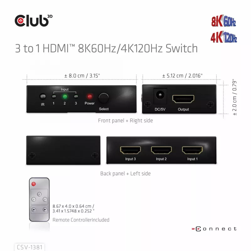 Przełącznik HDMI™ 3 do 1 8K60 Hz/4K120 Hz Club3D, 7680 x 4320 pikseli, 8K Ultra HD, czarny