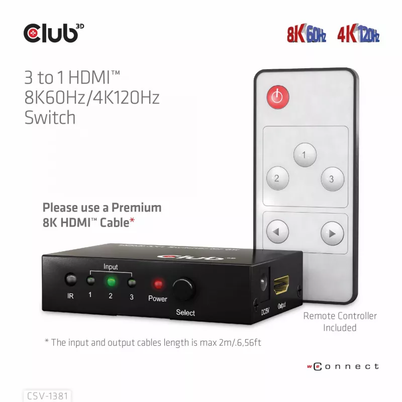 Przełącznik HDMI™ 3 do 1 8K60 Hz/4K120 Hz Club3D, 7680 x 4320 pikseli, 8K Ultra HD, czarny