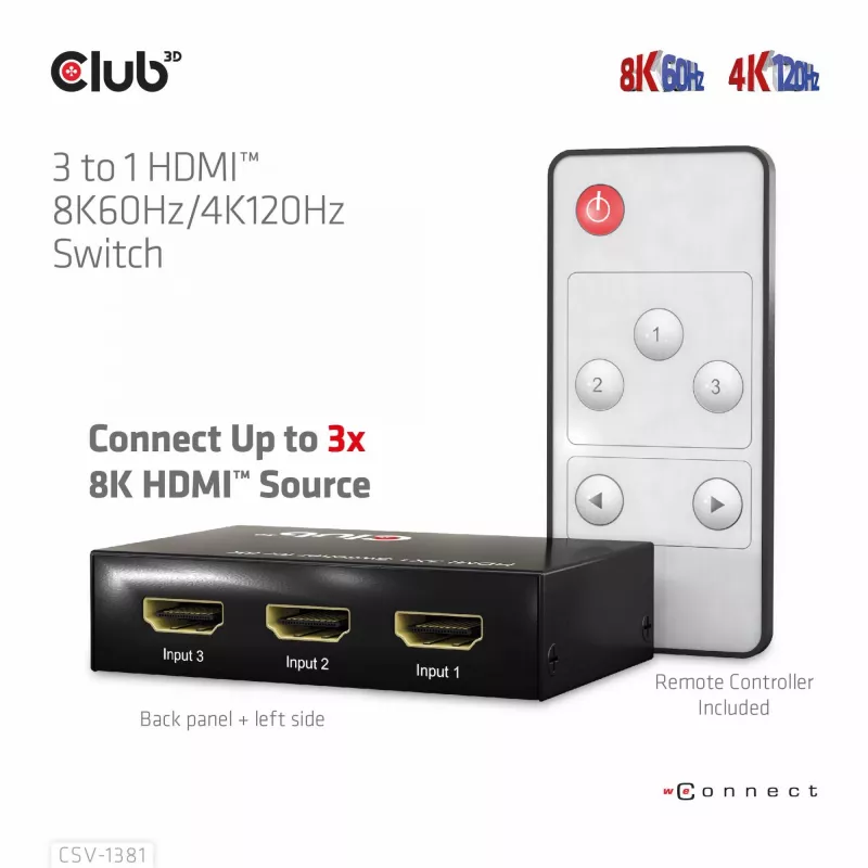 Przełącznik HDMI™ 3 do 1 8K60 Hz/4K120 Hz Club3D, 7680 x 4320 pikseli, 8K Ultra HD, czarny