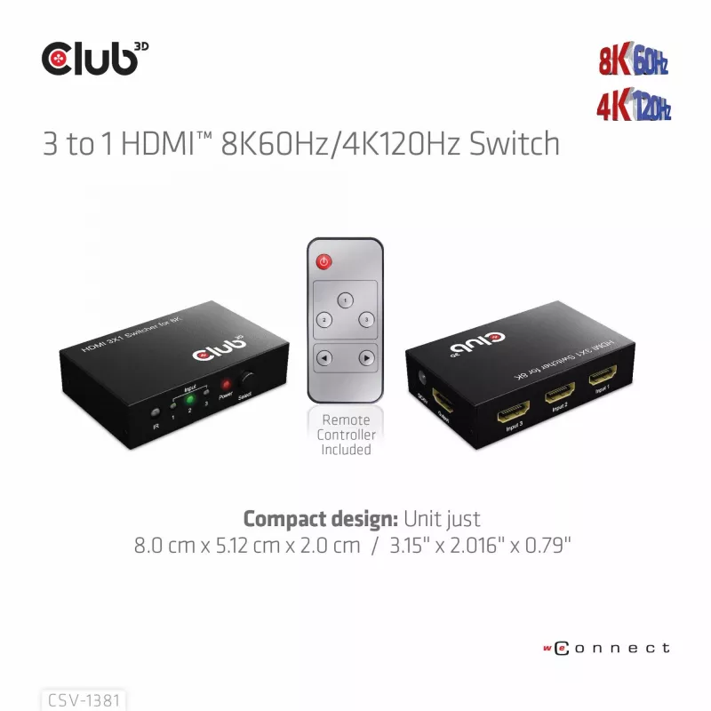 Przełącznik HDMI™ 3 do 1 8K60 Hz/4K120 Hz Club3D, 7680 x 4320 pikseli, 8K Ultra HD, czarny