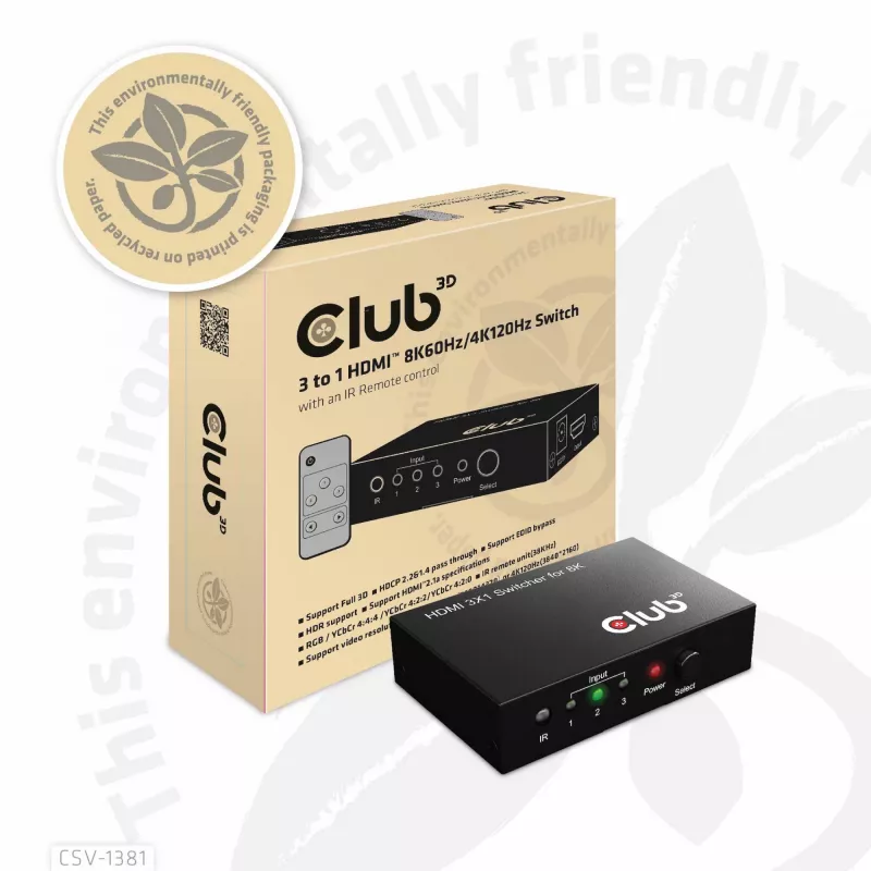 Przełącznik HDMI™ 3 do 1 8K60 Hz/4K120 Hz Club3D, 7680 x 4320 pikseli, 8K Ultra HD, czarny