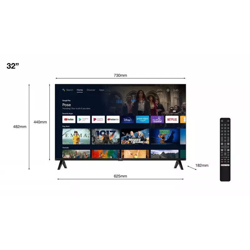 Telewizor TCL 32S5400A 32 cale HD LED (1366x768), Android TV, Direct‑LED, 2×HDMI, HDR10, Bluetooth 5.0