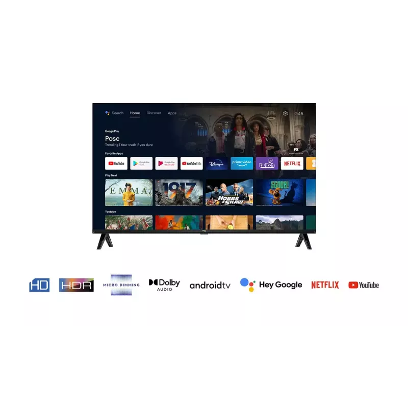 Telewizor TCL 32S5400A 32 cale HD LED (1366x768), Android TV, Direct‑LED, 2×HDMI, HDR10, Bluetooth 5.0