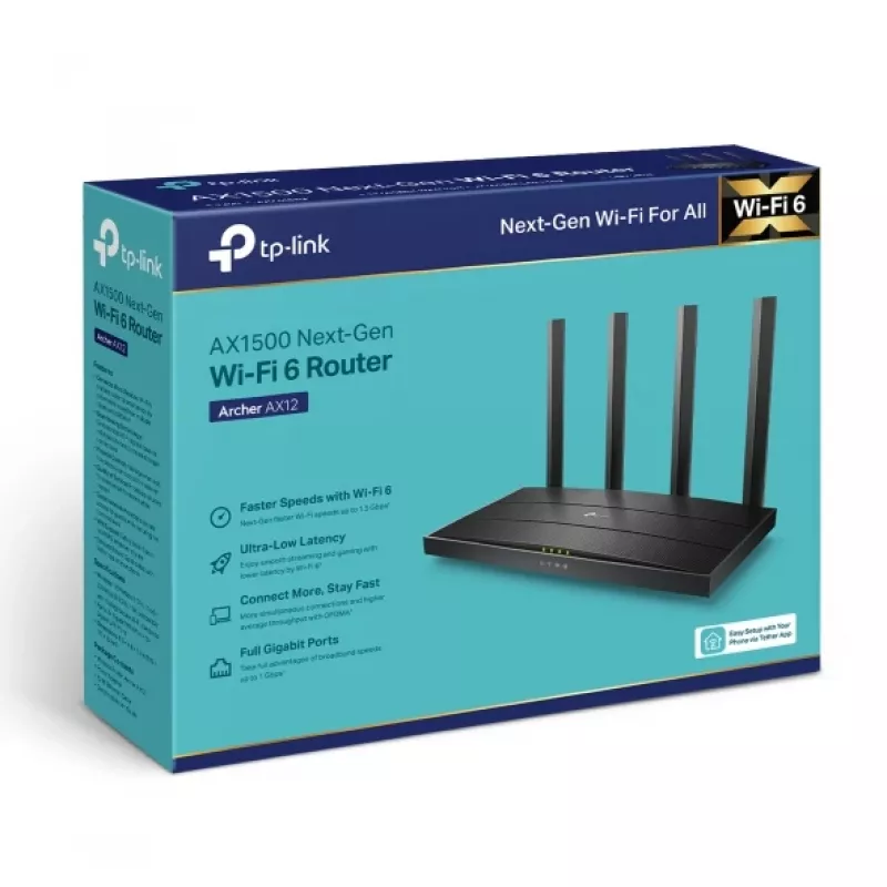 TP-Link Archer AX1500 Router Wi-Fi 6, Wi-Fi 6 (802.11ax), Dwupasmowy (2,4 GHz / 5 GHz), Ethernet LAN, Czarny, Router biurkowy