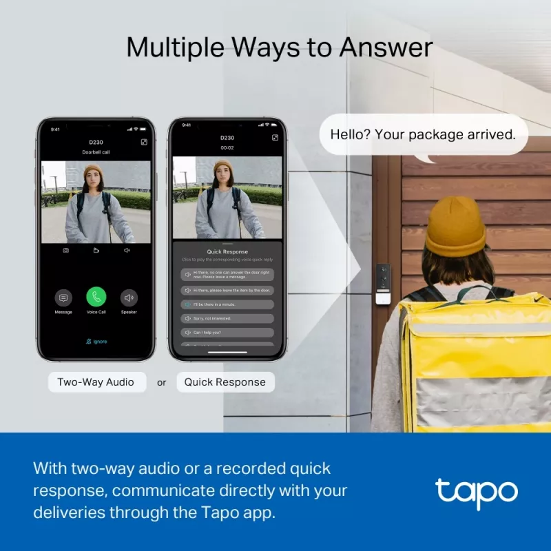 TP-Link Tapo Smart Video Doorbell Camera Kit, Czarny, Biały, IR, CE, RoHS, RCM, R-NZ, FCC, EAC, Triman, UKCA, G.711, 5 MP, 2560 x 1920 pikseli