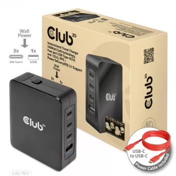 CLUB3D Międzynarodowa ładowarka podróżna 140W z technologią GaN, cztery porty USB Type-A (1x) i -C (3x), obsługa PPS + Power Delivery (PD) 3.1