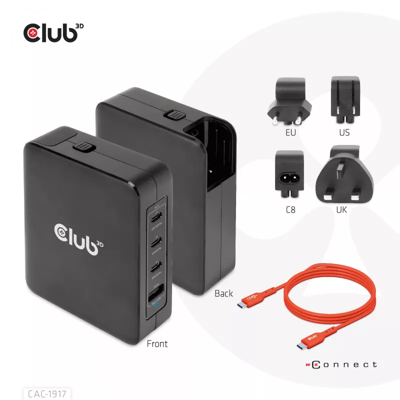 CLUB3D Międzynarodowa ładowarka podróżna 140W z technologią GaN, cztery porty USB Type-A (1x) i -C (3x), obsługa PPS + Power Delivery (PD) 3.1
