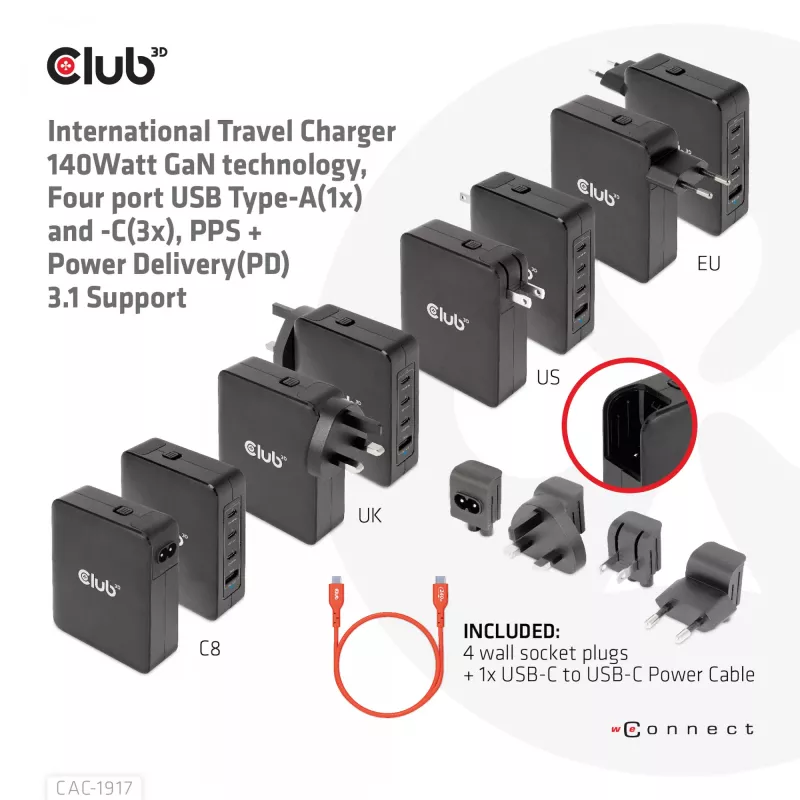 CLUB3D Międzynarodowa ładowarka podróżna 140W z technologią GaN, cztery porty USB Type-A (1x) i -C (3x), obsługa PPS + Power Delivery (PD) 3.1