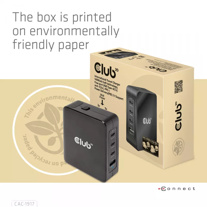 CLUB3D Międzynarodowa ładowarka podróżna 140W z technologią GaN, cztery porty USB Type-A (1x) i -C (3x), obsługa PPS + Power Delivery (PD) 3.1