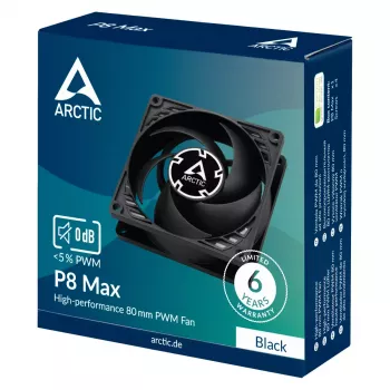 Wentylator 80 mm Arctic P8 Max High-Performance PWM, średnica 80 mm, czarny, przepływ powietrza 67,96 m³/h, 0,6 sone