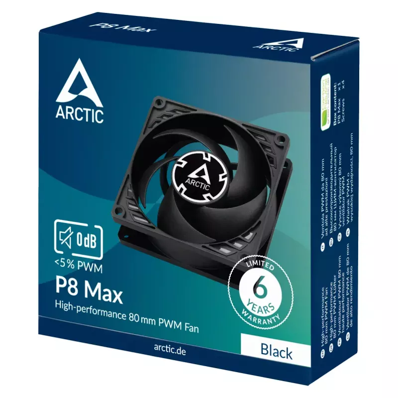 Wentylator 80 mm Arctic P8 Max High-Performance PWM, średnica 80 mm, czarny, przepływ powietrza 67,96 m³/h, 0,6 sone