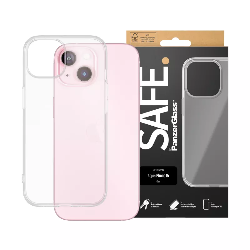 PanzerGlass SAFE. by ® TPU etui Transparent iPhone 15, Cover, Apple, Apple - iPhone 15, Transparent