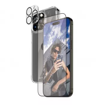 PanzerGlass ® 3-w-1 Zestaw iPhone 15 Pro Max, Apple, Apple - iPhone 15 Pro Max, Aplikacja na sucho, Odporny na wstrząsy, Przezroczysty, 1 szt.