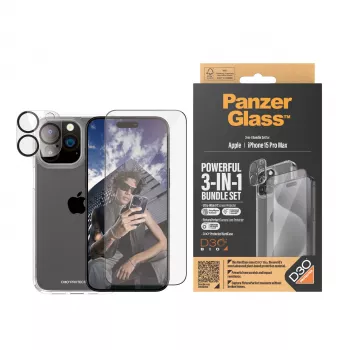 PanzerGlass ® 3-w-1 Zestaw iPhone 15 Pro Max, Apple, Apple - iPhone 15 Pro Max, Aplikacja na sucho, Odporny na wstrząsy, Przezroczysty, 1 szt.