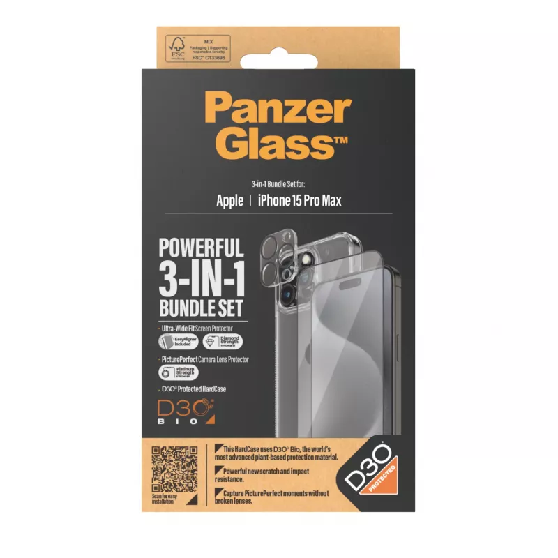 PanzerGlass ® 3-w-1 Zestaw iPhone 15 Pro Max, Apple, Apple - iPhone 15 Pro Max, Aplikacja na sucho, Odporny na wstrząsy, Przezroczysty, 1 szt.